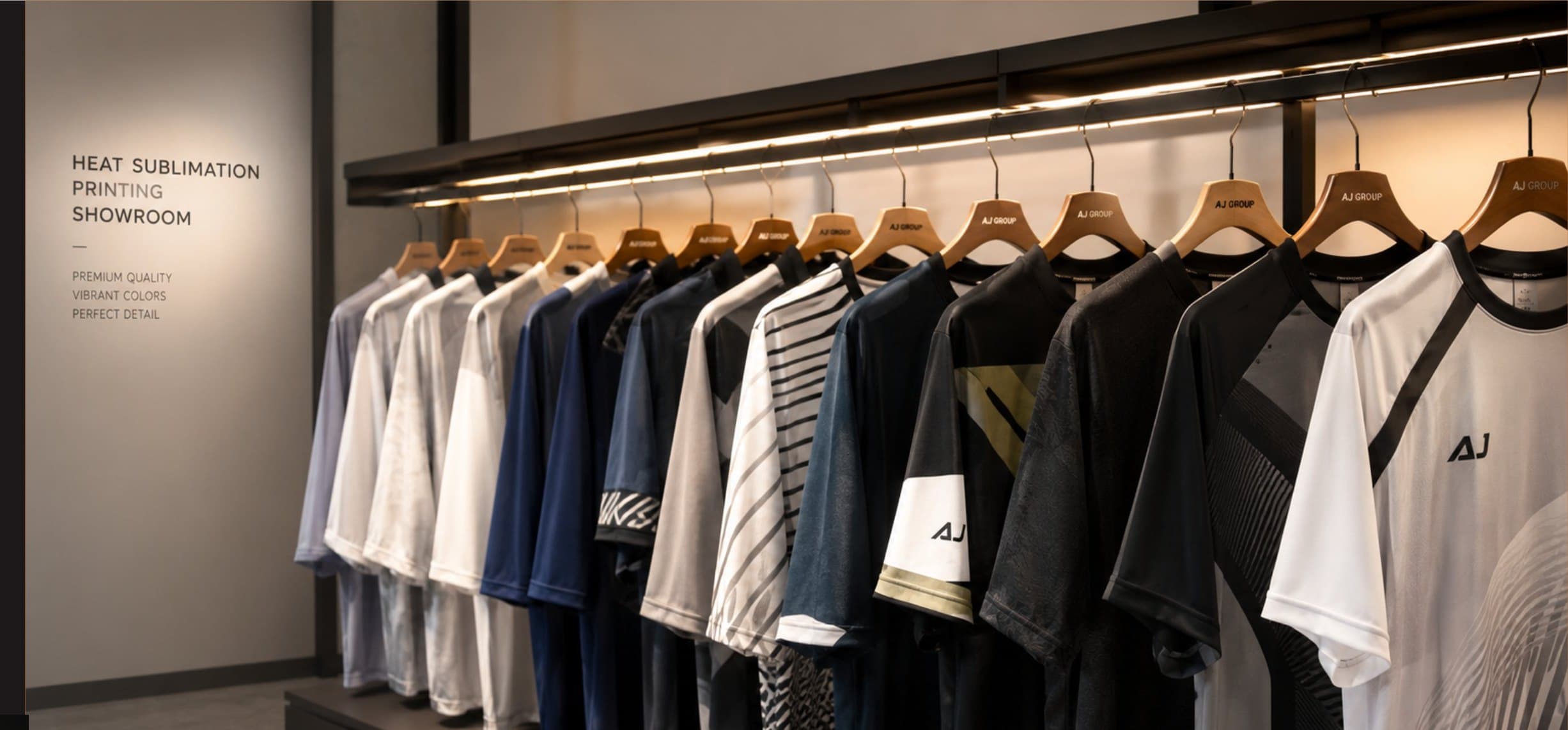 Finished apparel on display in the AJ Group showroom