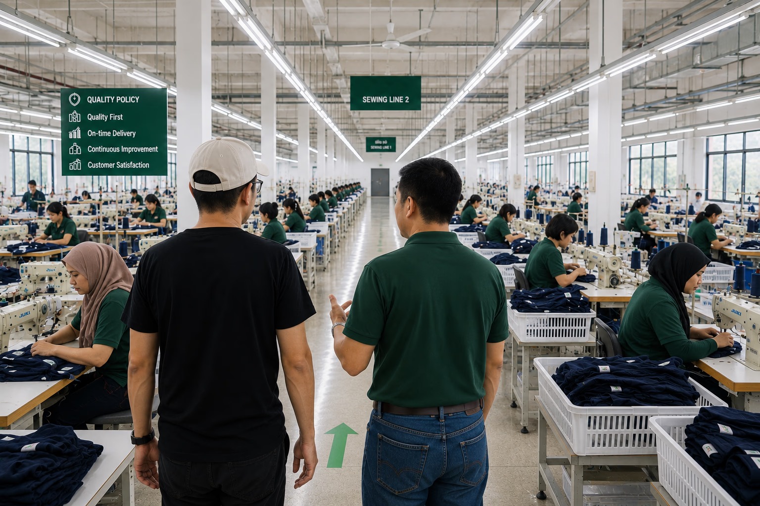 On the factory floor — quality checks on a live sewing line.
